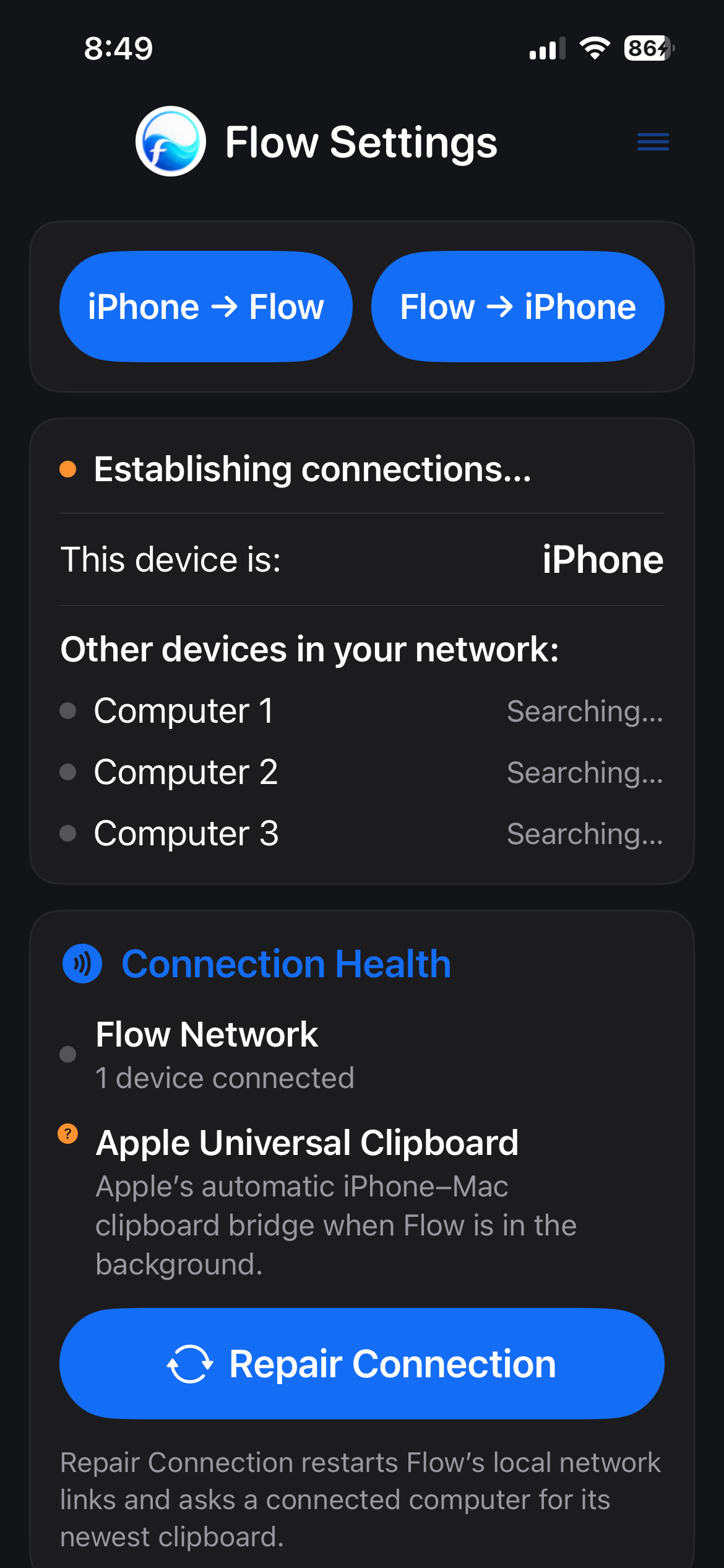 Flow connection settings on iPhone