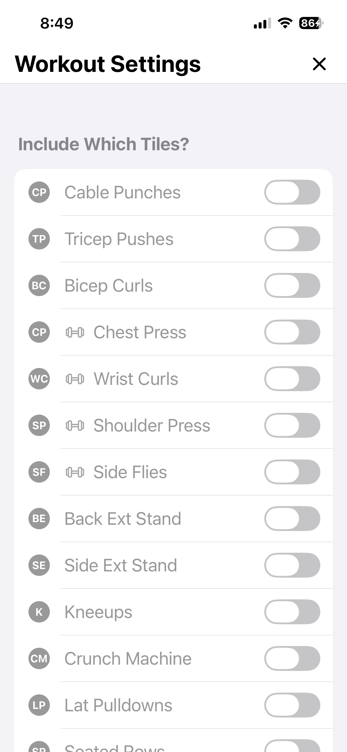 reNew settings for choosing tracked activities
